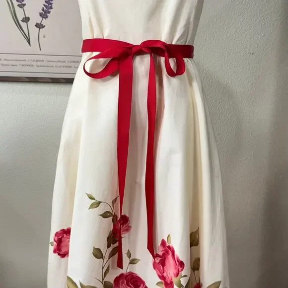 90s Y2k Floral Belted Midi Dress Romantic Coquette Garden Party Dolly Dollette 4 - Picture 2 of 10